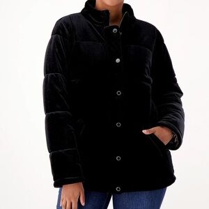 Nwot ISAAC MIZRAHI Black Puffer Jacket velvet sz M metalic buttons and zipper
